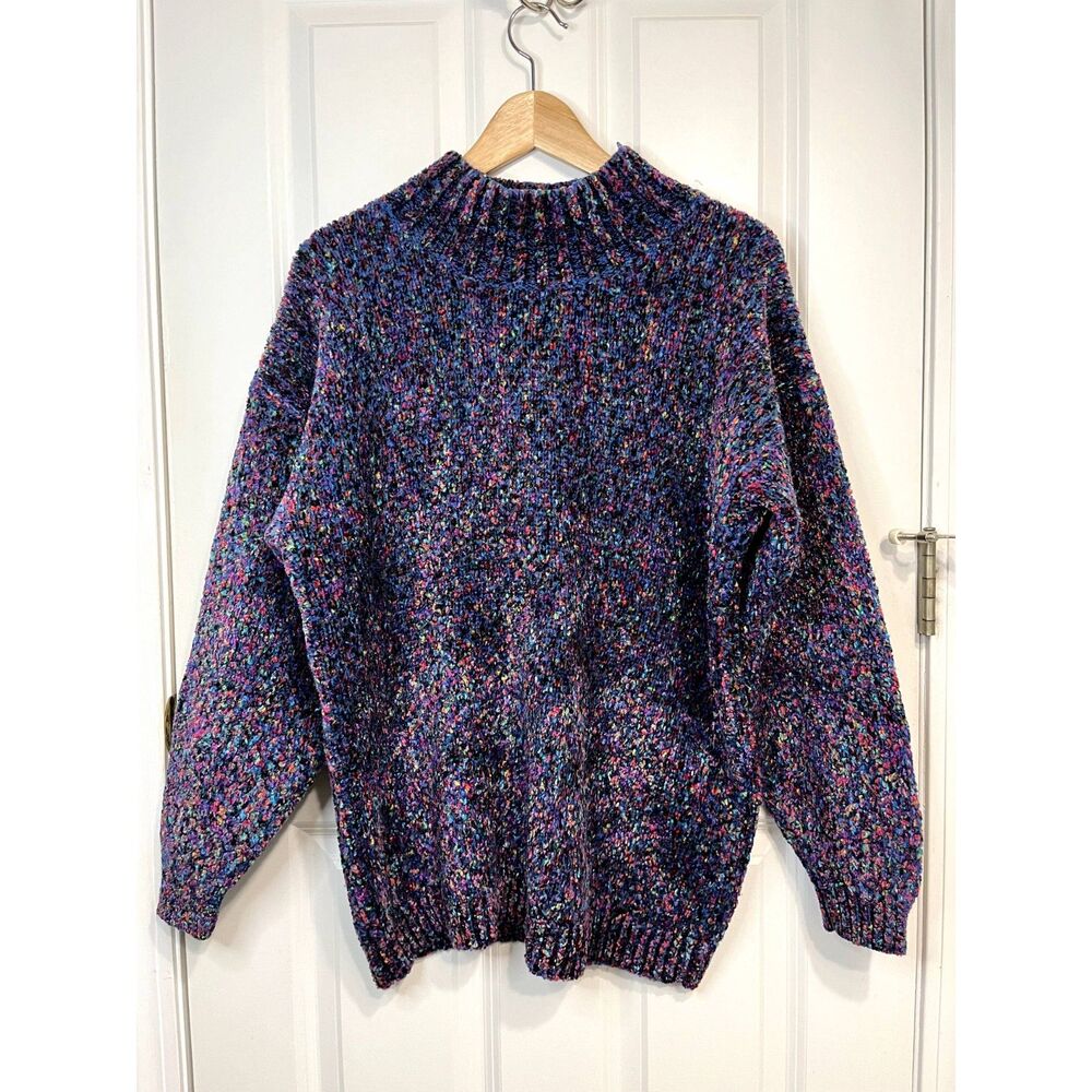 Vintage Express Rainbow Purple Mock Neck Chenille Wool Blend Sweater Size Medium